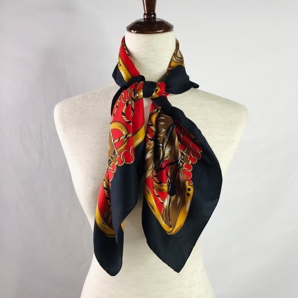 Vtg Italian Equestrian Scarf Horse Chain Rope Square Multicolor Red Black - Picture 3 of 11